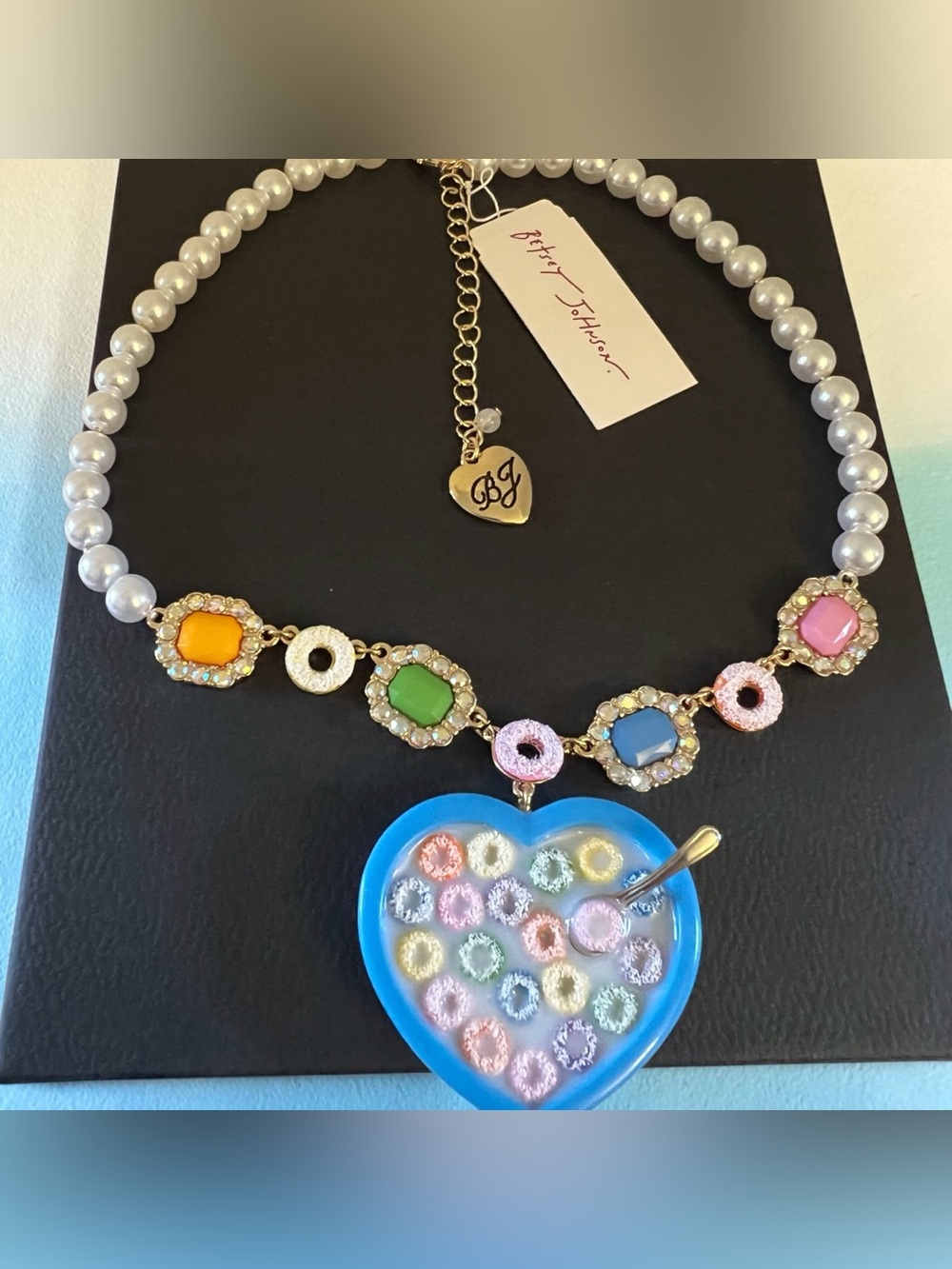 Betsey Johnson Multicolor Pearl and Enamel Necklace - Blue Heart Pendant